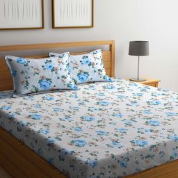 FABINALIV White & Blue Printed 300 TC Fitted King Bedsheet with 2 Pillow Covers-image-68