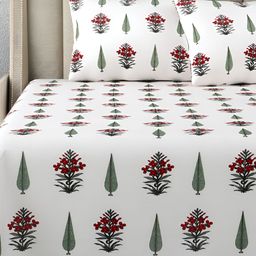 DE CAMA Red & White Floral Cotton 300 TC King Bedsheet With 2 Pillow Covers-image-62