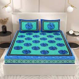PATRICKO Green Floral 210 TC Pure Cotton Super Queen Double Bedsheet with 2 Pillow Covers-image-31