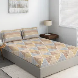 DDecor Brown & Grey Geometric Print 144 TC Cotton Fitted King  Bedsheet & 2 Pillow Covers-13