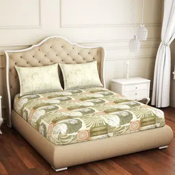 SPACES Beige & Green Floral 144 TC Fitted Pure Cotton Queen Bedsheet with 2 Pillow Covers-image-45