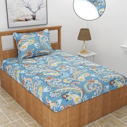 MORADO Blue & Yellow Ethnic Motifs Fitted 210 TC Single Bedsheet With 1 Pillow Cover-image-61