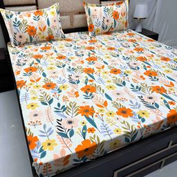 Pure Decor Cream & Orange Floral 260 TC King Bedsheet with 2 Pillow Covers-picture-13