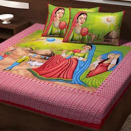 POORAK Red & Blue Geometric 104 TC Cotton Queen Bedsheet Set-image-1