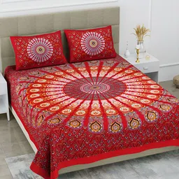 POORAK Maroon & Blue Ethnic Motifs Cotton 104 TC Queen Bedsheet With 2 Pillow Covers-image-17