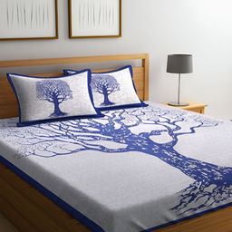 Aura Blue & White Floral Printed Cotton 120 TC Queen Bedsheet with 2 Pillow Covers-18