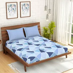 SPACES Blue & White Geometric Cotton 144 TC Queen Bedsheet with 2 Pillow Covers-image-79