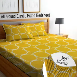 RISING STAR Yellow & White Geometric 350 TC King Fitted Bedsheet with 2 Pillow Covers-image-82