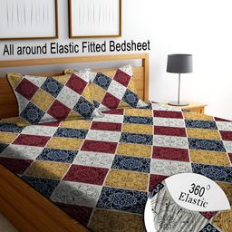 RISING STAR Yellow & Maroon Ethnic Motifs 250 TC Fitted King Bedsheet with 2 Pillow Covers-picture-15