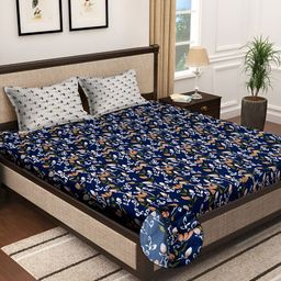 KLOTTHE Navy Blue & Cream Floral 300TC Super King Fitted Bedsheet With 2Pillow Covers-16