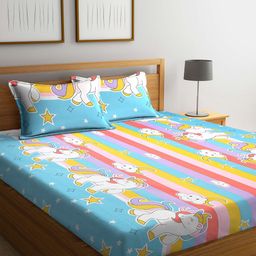 KLOTTHE Blue & Pink Printed 300 TC Double King Fitted Bedsheet With 2 Pillow Covers-43