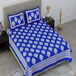 Runjhun Blue & White Floral Printed 144 TC Pure Cotton Queen Bedsheet & 2 Pillow Covers-image-11