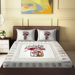 Spangle Lavender & Off White Floral Cotton 260 TC King Bedsheet with 2 Pillow Covers-image-93
