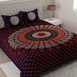 Aura Blue & Red Ethnic Motifs 144 TC Cotton King Bedsheet With 2 Pillow Covers-image-100