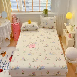 JC HOME Cream Floral Cotton 210 TC Fitted Single Bedsheet with 1 Pillow Covers-image-43