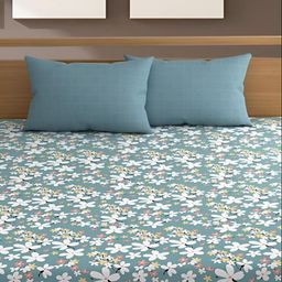 Bajo's Blue & White Floral Cotton 350 TC King Bedsheet With 2 Pillow Covers-image-15