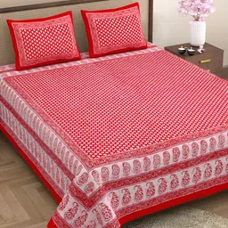 Aura Red & White Ethnic Motifs Cotton 144 TC Queen Bedsheet with 2 Pillow Covers-image-93