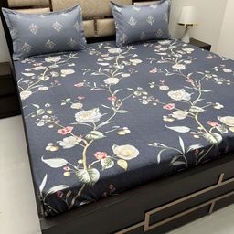 Pure Decor Blue & White Floral Cotton King Bedsheet with 2 Pillow Covers-picture-38