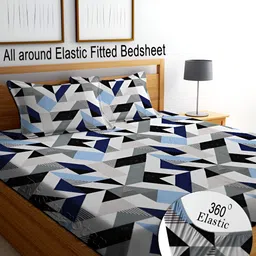 RISING STAR Blue & Grey Geometric 250 TC King Fitted Bedsheet with 2 Pillow Covers-image-32