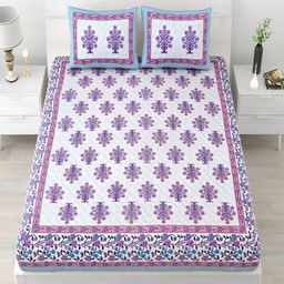 Runjhun Purple & White Floral Printed 240 TC Pure Cotton King Bedsheet & 2 Pillow Covers-image-33