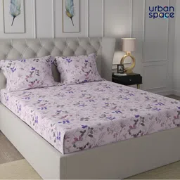 URBAN SPACE Serene Pink & Purple Floral 200 TC Fitted Cotton King Bedsheet & Pillow Covers-image-16
