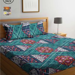 Arrabi Grey & Teal Blue Floral 300 TC 2 King Bedsheet with 4 Pillow Covers-image-12