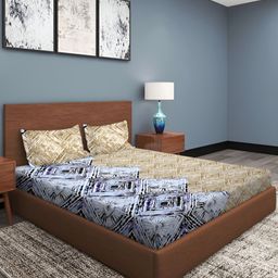 Aura Beige & Blue Ethnic Motifs Cotton 186 TC Queen Bedsheet with 2 Pillow Covers-13
