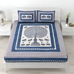 POORAK Blue & White Ethnic Motifs 104 TC Queen Bedsheet Bedsheet Set-image-13
