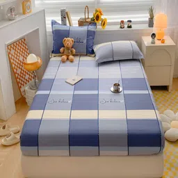 JC HOME Blue Geometric Cotton 220 TC Queen Fitted Bedsheet With 2 Pillow Covers-image-53