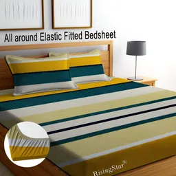 RISING STAR Green & Mustard Striped 250 TC King Fitted Bedsheet with 2 Pillow Covers-image-45