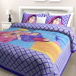 POORAK Blue & Pink Ethnic Motifs 104 TC Cotton Queen Bedsheet Set-image-32