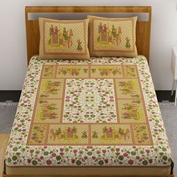 Aura Brown & White Ethnic Motifs Cotton 120 TC Queen Double Bedsheet With 2 Pillow Covers-image-50