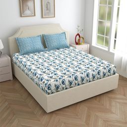 Salona Bichona White & Blue Printed Pure Cotton 144 TC King Bedsheet With 2 Pillow Covers-image-73