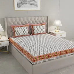 PATRICKO White & Black Geometric 400 TC King Bedsheet with 2 Pillow Covers-image-80