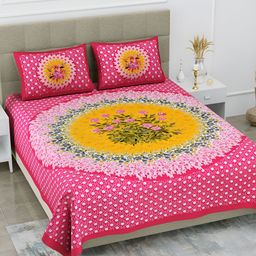 POORAK Pink & Yellow Floral Cotton 104 TC Queen Bedsheet With 2 Pillow Covers-image-3