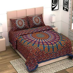Aura Blue & Yellow Ethnic Motifs 144 TC Cotton King Bedsheet With 2 Pillow Covers-image-54