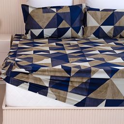 HOMEMONDE Blue & White Geometric Cotton Fitted 210 TC King Bedsheet With 2 Pillow Covers-picture-26