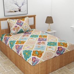 MORADO Purple & Beige Ethnic Motifs 210 TC Single Bedsheet With 1 Pillow Cover-picture-3