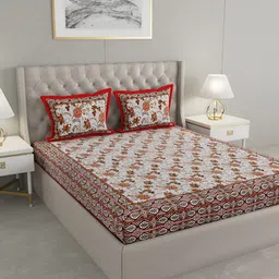 PATRICKO Peach & White Floral Cotton 400 TC King Bedsheet with 2 Pillow Covers-14