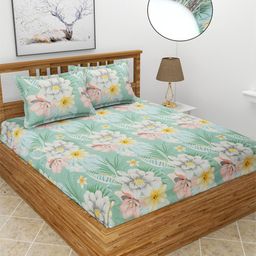 MORADO Green & White Floral Fitted 210 TC King Bedsheet With 2 Pillow Covers-picture-34