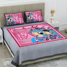 POORAK Grey & Pink Ethnic Motifs Cotton 104 TC Queen Bedsheet With 2 Pillow Covers-image-53