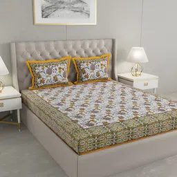 PATRICKO White & Blue Floral 400 TC Cotton King Bedsheet with 2 Pillow Covers-picture-10