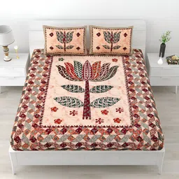 POORAK Maroon & Beige Ethnic Motifs Cotton 104 TC Queen Bedsheet With 2 Pillow Covers-picture-7