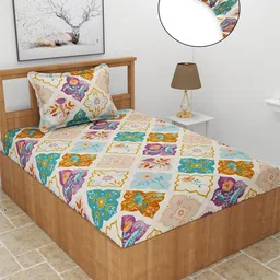 MORADO Purple & Green Ethnic Motifs Fitted 210 TC Single Bedsheet with 1 Pillow Cover-image-99
