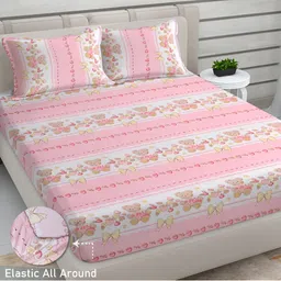 FABINALIV Pink & White Cartoon Characters 300 TC King Bedsheet with 2 Pillow Covers-image-98