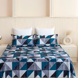 HOMEMONDE Grey & Blue Geometric Cotton 210 TC Single Bedsheet With 2 Pillow Covers-image-62