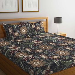 FABINALIV Charcoal & Brown Floral 300 TC Fitted Super King Bedsheet With 2 Pillow Covers-image-38