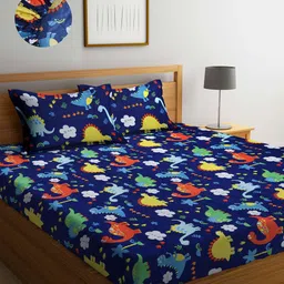 KLOTTHE Blue & Orange Cartoon Characters 300 TC Fitted King Bedsheet with 2 Pillow Covers-45