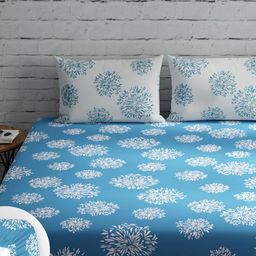 Huesland Blue Floral Printed Cotton 144 TC King Fitted Bedsheet With 2 Pillow Covers-image-99