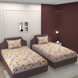 BELVOSTUM Beige & Yellow Floral 210 TC Cotton 2 Single Bedsheets With 2 Pillow Covers-image-54